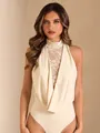 Elegant cream lace high neck bodysuit featuring a sophisticated cowl front detail - S / Tops / Apricot