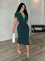 Elegant striped polo collar bodycon midi dress with short sleeves and slim fit design - Blue & Green Stripes