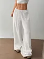 Fashionable casual white pure cotton wide-leg floor-length trousers with drawstring. - S / Bottoms / White
