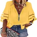 Camicetta casual gialla da donna con scollo a V, cerniera e maniche a campana in mesh - Taglia S / Top / Giallo