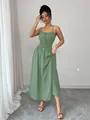 Detail view of an elegant sage green smocked waist camisole sleeveless maxi dress for women - Matcha Green