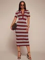 Slim fit burgundy striped polo collar midi dress with short sleeves and front buttons. - Burgundy Mix