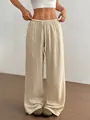 Stylish beige high-waisted textured cotton wide-leg trousers with elastic drawstring waist - S / Bottoms / Apricot