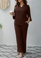 Elegant brown two-piece set featuring V-neck tunic top and matching wide-leg trousers - Brown