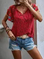 Close-up of red ethnic floral V-neck loose short sleeve blouse for women - S / Tops / Red
