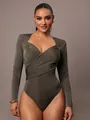 Close-up of olive green velvet bodysuit with elegant crossover ruched V-neck design. - S / Tops / Army Green