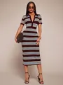 Elegant brown striped polo neck bodycon midi dress for women featuring a slim fit silhouette - Brown Mix