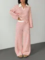Conjunto de punto a rayas rojas y blancas con polo de manga larga y pantalón ancho - S / Top Y Pantalón / Rosa