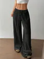Casual black pure cotton loose wide-leg pants with a comfortable drawstring waist - S / Bottoms / Black