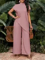 Elegante conjunto malva de dos piezas con top de dobladillo irregular y pantalón ancho - Rosa Empolvado