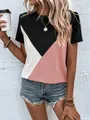 Detailansicht eines Damen-T-Shirts mit Farbblock-Patchwork in Rosa, Weiß und Schwarz - Khaki