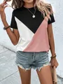 Gedetailleerd overzicht van dames t-shirt met kleurvlakken en een ontspannen ronde hals - S / Tops / Roze