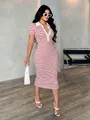 Red and white striped polo neck bodycon midi dress with short sleeves for stylish summer wear - S / Bottoms / White/Red Stripes