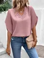 Elegant mauve lace V-neck blouse with petal sleeves and distressed blue jeans - S / Tops / Pink