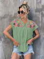Stylish bohemian sage green embroidered blouse with tassel tie-up and batwing sleeves - S / Tops / Green