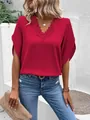 Red lace V-neck loose blouse with elegant short bell sleeves for summer fashion outfits - S / Tops / Red