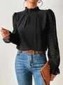 Elegante schwarze Bluse mit Stehkragen, Falten und transparenten Wellen-Langärmeln - S / Schwarz