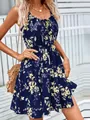 Robe d'été fleurie élégante sans manches bleu marine avec taille élastique pour femmes - S / Haut Et Bas / Bleu marine