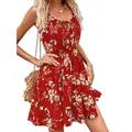 Robe d'été élégante rouge sans manches à imprimé floral avec taille élastique et bretelles - S / Haut Et Bas / Rouge