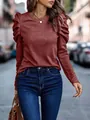 Elegant women's burgundy puff sleeve top with a stylish slim fit crew neck design. - S / Tops / Burgundy