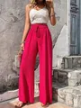 Fashionable pink seersucker wide-leg pants with drawstring waist for casual summer wear - S / Bottoms / Red