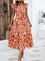 Vestido largo bohemio con estampado floral, mangas de volante y lazo en la cintura - S / Rojo Anaranjado