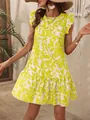 Close-up detail of a vibrant yellow floral flutter sleeve dress with a tiered ruffle flounce hem - S / Top And Bottom / Yellow