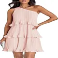 Elegante roze one-shoulder geplooide gelaagde mini-jurk voor dames met ruches details - S / Dresses / Roze