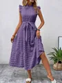 Summer purple textured dress featuring chic ruffle sleeves and a stylish tie waist belt. - S / Purple