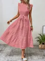 Elegant pink ruffled fly sleeve summer dress with belted waist and textured fabric - Pink