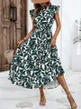 Elegante vestido maxi de verano con estampado de hojas, volantes y lazo en cintura - S / Gris oscuro