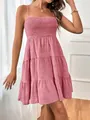 Front view of a pink tiered spaghetti strap dress with textured fabric detail - S / Spaghetti Strap Tiered Style / Lotus Pink
