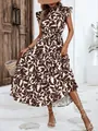 Vestido maxi de verano sin mangas con estampado de hojas y mangas con volantes - S / Café Oscuro