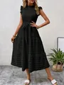 Detailed view of black summer midi dress featuring ruffle sleeves and tie-waist textured fabric - S / Black