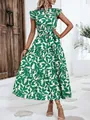 Vestido maxi veraniego con estampado de hojas verdes, manga mariposa y cinturón - Verde