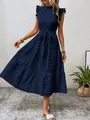 Elegant navy blue textured midi dress with ruffled sleeves and adjustable tie waist. - S / Navy Blue