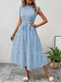 Light blue ruffled butterfly sleeve midi dress with waist tie and textured fabric - Light Blue