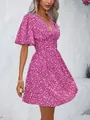 Boho style V-neck floral print dress with high waist and flutter sleeves for summer - S / Dresses / Magenta