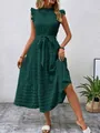 Detailed view of dark green textured dress with fly sleeves and a tie-waist belt - Dark Green