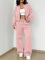 Detailed view of women's pink two-piece tracksuit with zippered jacket and wide-leg pants - S / Top And Bottom / Pink