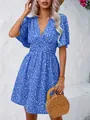 V-neck blue floral pleated dress with high waist and flutter sleeves for summer - S / Dresses / Blue