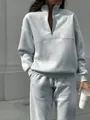 Detail of light grey half-zip sweatshirt and matching sweatpants lounge set. - S / Top And Bottom / Light Gray