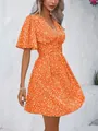 Floral print orange summer dress featuring a flattering V-neck and high waist design - S / Dresses / Orange