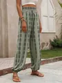 Boho sage green lantern pants with ethnic geometric print and smocked waist. - S / Bottoms / Verdant