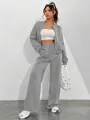 Full view of grey lounge set with zip cardigan and matching wide-leg trousers on model - S / Top And Bottom / Gray