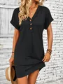 Elegant summer V-neck buttoned short sleeve mini dress in solid black for women - S / Top And Bottom / Black