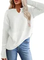 Detailed view of women's white waffle knit long sleeve casual sweatshirt with V-neckline - S / Tops / White
