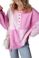 Casual pink color-block patchwork sweatshirt for women featuring front buttons - S / Tops / Dual-Color Pink