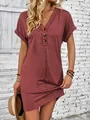 Fashionable rust red V-neck t-shirt dress with buttons and rolled short sleeves - S / Top And Bottom / Brick Red
