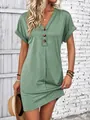 Elegant casual sage green V-neck mini dress featuring decorative buttons and rolled sleeves - S / Top And Bottom / Cyan